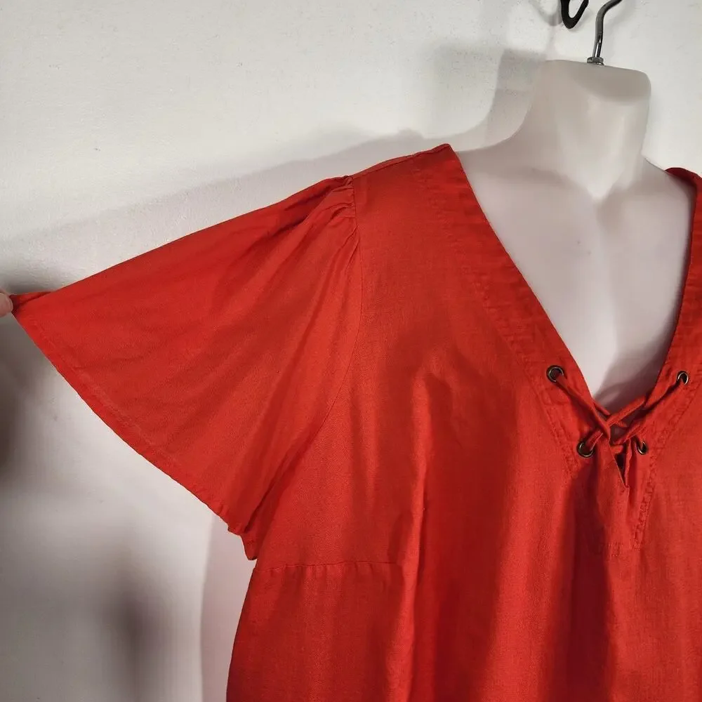 Knox Rose Womens Top XXL Orange V Neck Lace Up Flutter Short Sleeve Boho Casual